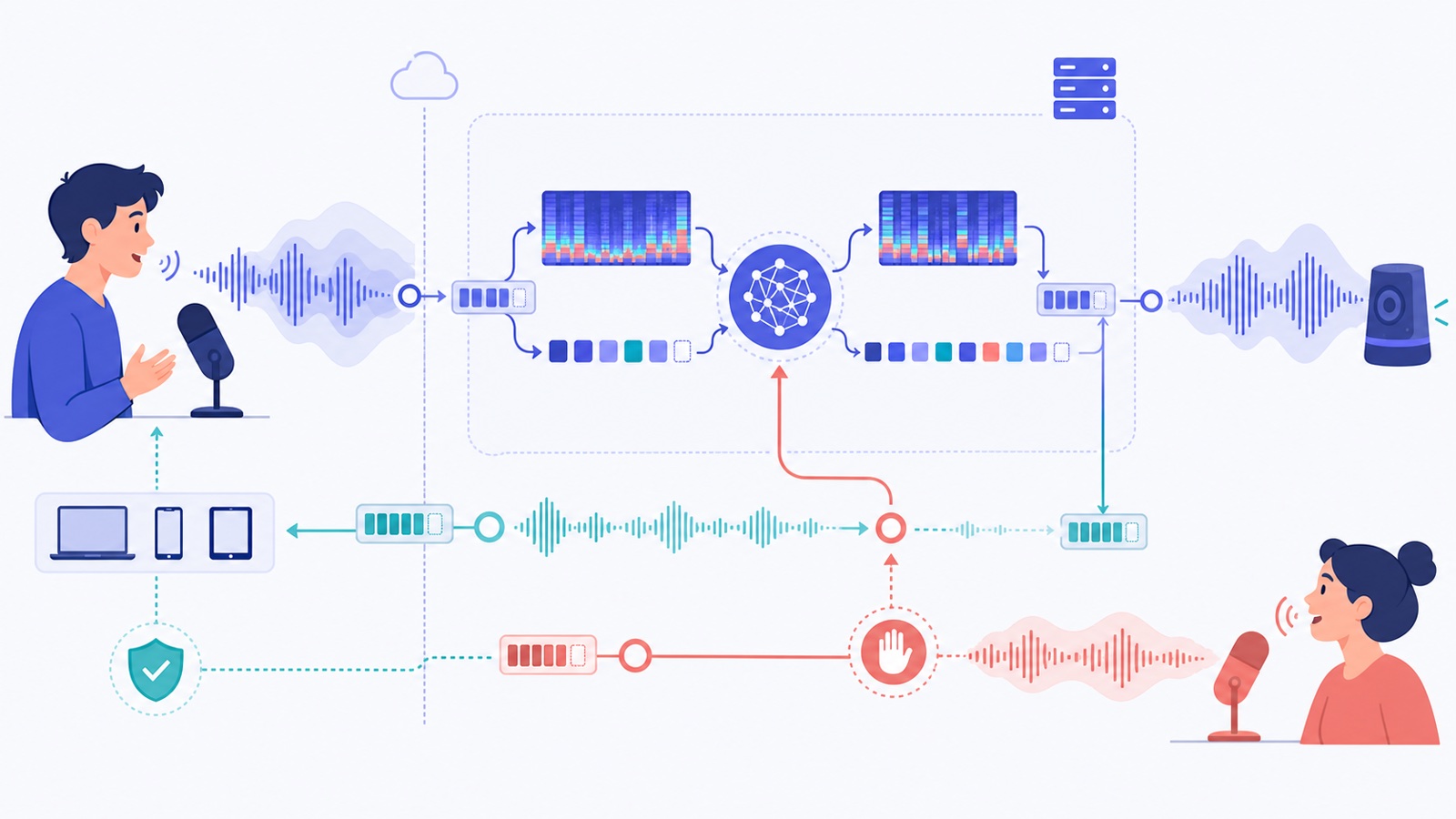 实时语音与 Audio 模型总览插画：用户声音以波形进入客户端和服务端边界，被转换为频谱与离散音频块，经中央模型处理后生成输出声音；第二位用户的插话通过红色停止控制打断正在输出的语音，设备、缓冲和同意保护符号分别提示端到端链路。