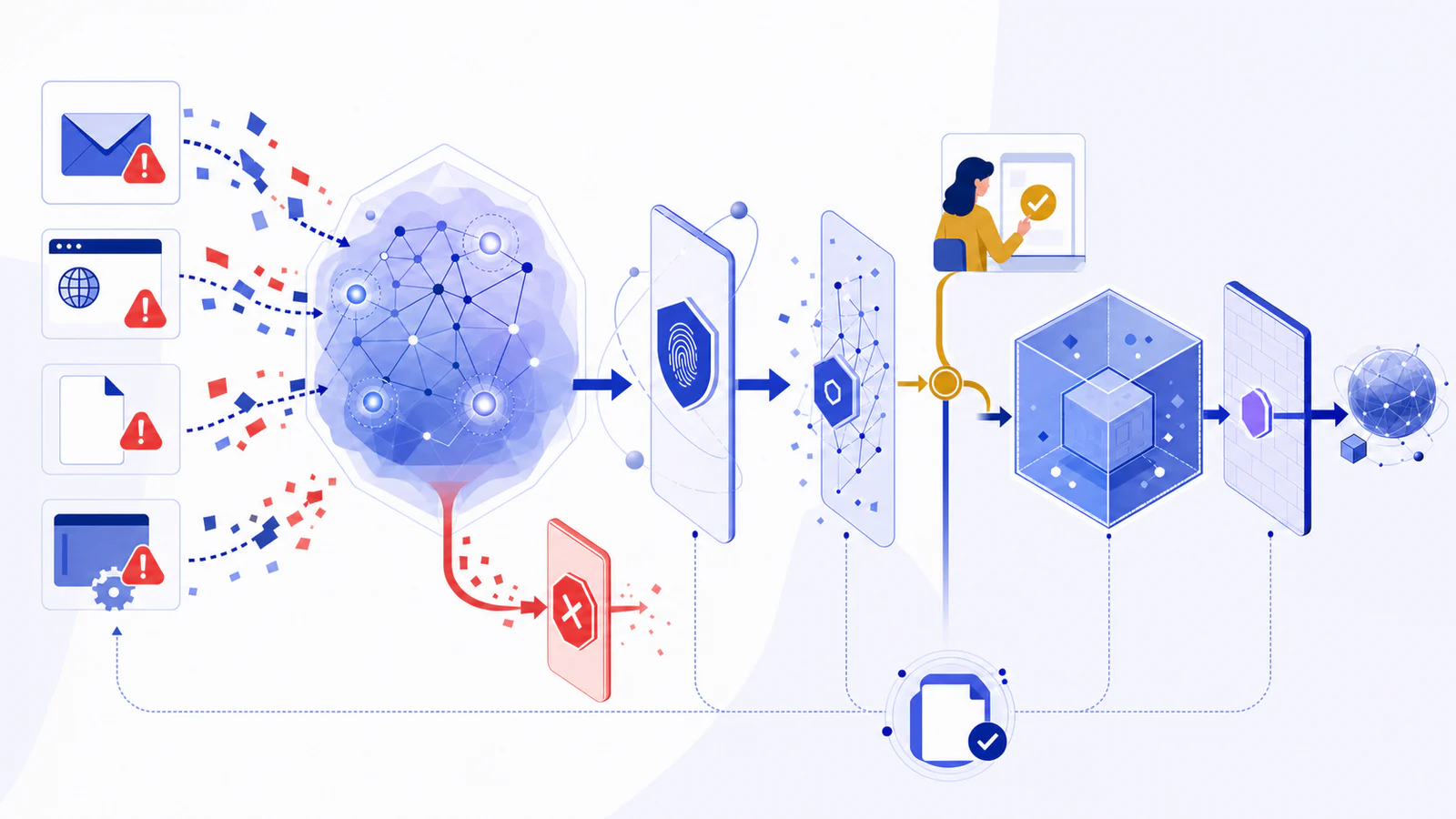 AI 安全工程总览插画：邮件、网页、文档和工具结果进入不确定的模型推理核心，恶意红色路径在独立授权门被阻断，合法路径经过身份、策略、可选人工审批、Sandbox、网络边界和审计证据后受限执行。