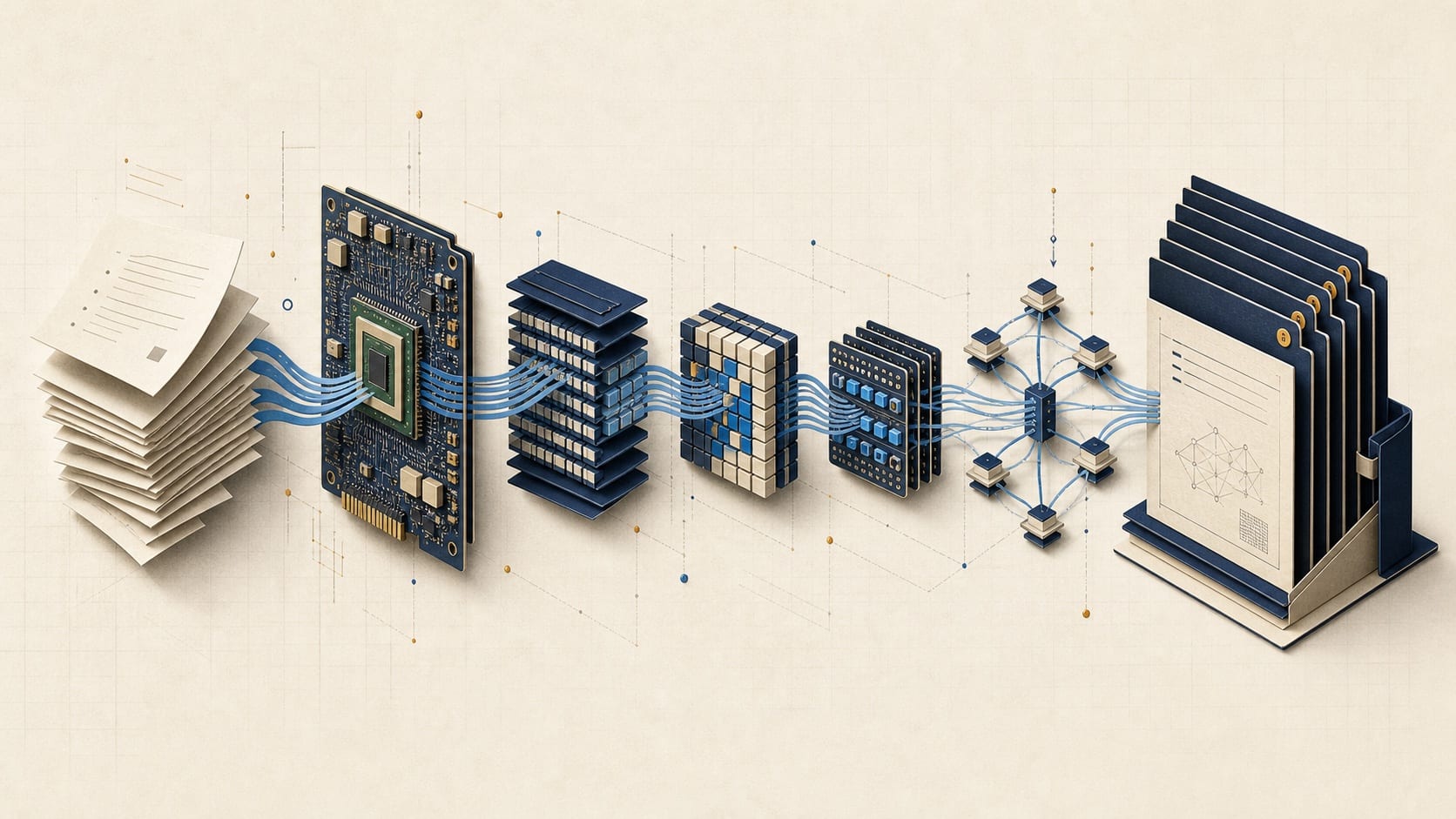 AI Infra 概念主视觉：GPU 板卡、内存层级、张量矩阵与集群互联从左到右串联